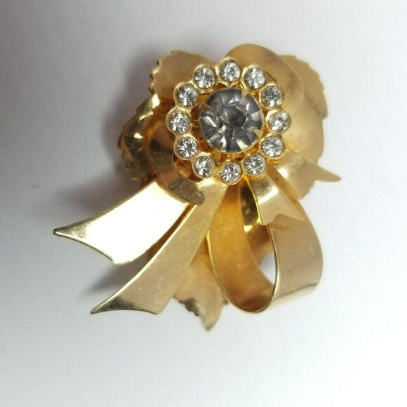 Vintage Gold Tone Rhinestone Brooch, Retro Mid Century Style Design, Estate - Picture 2 of 6
